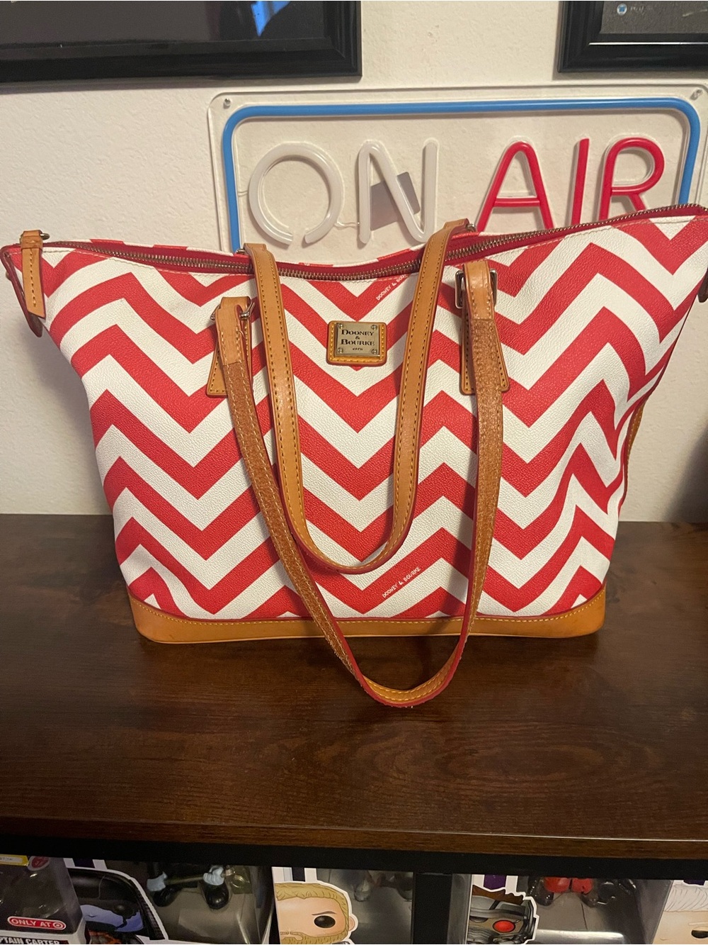 Dooney & Bourke Red and White Chevron Canvas Tote with Tan Trim